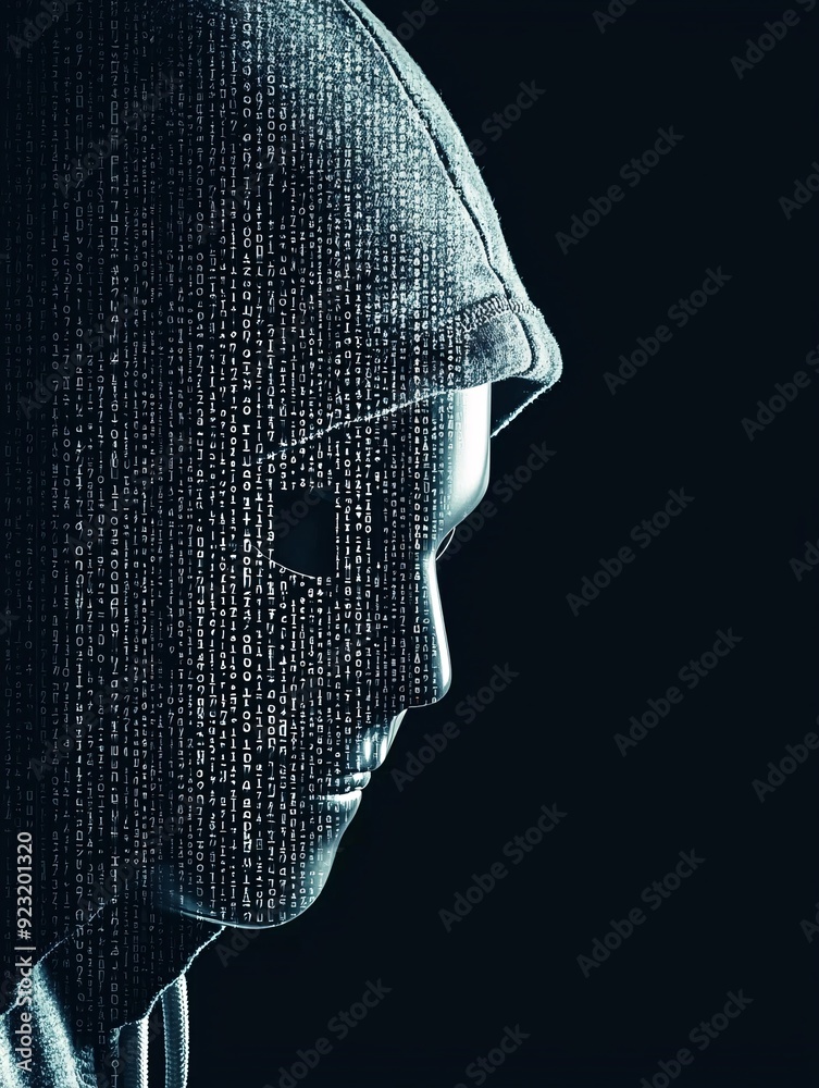 Poster a hacker's face partially obscured by a mask, with a digital code overlay creating an air of mystery