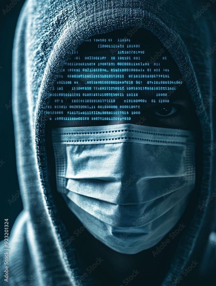 Poster a hacker's face partially obscured by a mask, with a digital code overlay creating an air of mystery