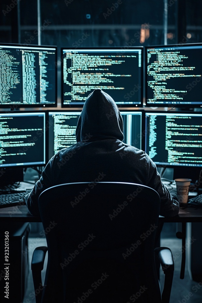 Poster a hacker's workspace with multiple monitors displaying encrypted code, the identity of the hacker hi