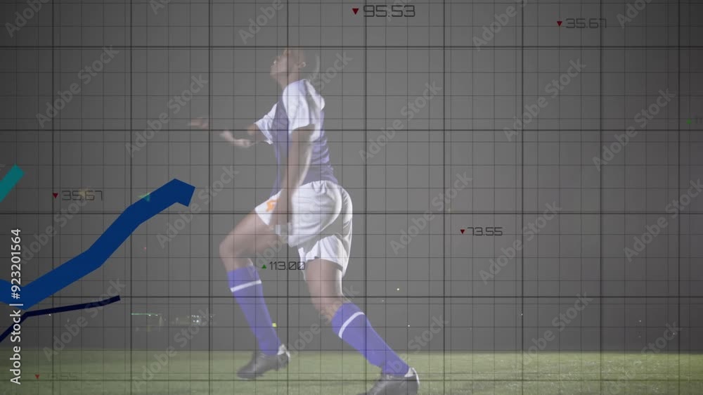 Poster graph and data analysis animation over soccer player jumping on field