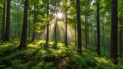 Fototapeta premium Green forest morning view, landscape with slight sunlight full of trees