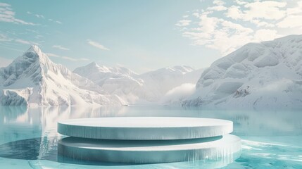 A large, empty stage is set in front of a beautiful, snowy mountain range