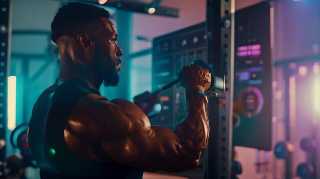 A man is working on a machine in a gym, using technology to track progress and customize his workout, Utilizing technology to track progress and customize workout plans
