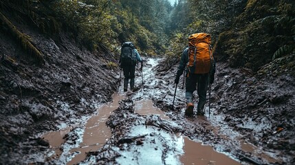 Two Hikers Navigating a Muddy Forest Path