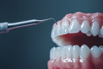 Incredible close-up of a dental instrument positioned above a mouth with cavities, emphasizing the importance of maintaining good oral hygiene.