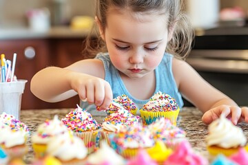Fototapeta premium Child Decorating Cupcakes with Frosting