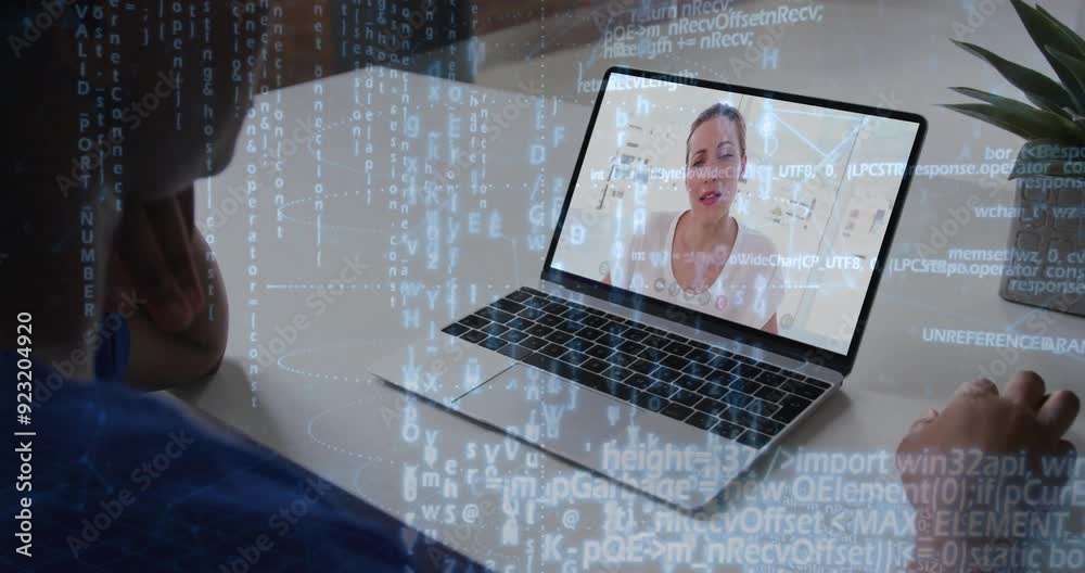 Poster programming code animation overlaying person video conferencing on laptop screen