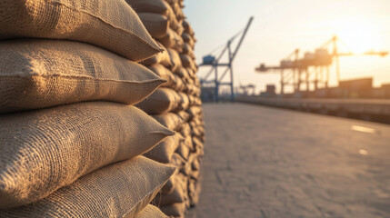 Wheat sacks are seen in a detailed close-up, prepared for export, against a backdrop of a bustling dock, highlighting the industrial activity and the importance of global trade, ph