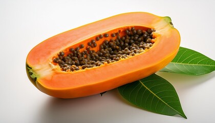 Tropical Papaya Halves with Green Leaf: Bright and Fresh on White"