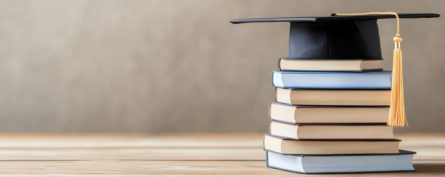 A stack of books topped with a graduation cap, symbolizing education and academic achievement.