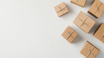 Obraz premium A top view of cardboard boxes arranged in a minimalistic composition on a neutral white background, with ample copy space around them, highlighting the simplicity and clean design,