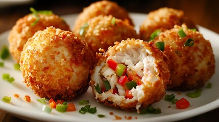 crispy crab balls. . Crispy golden croquettes filled with a vibrant mixture of vegetables and...