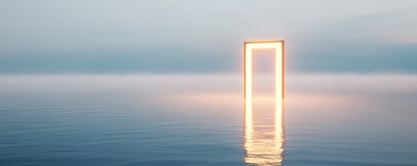 A serene scene featuring a glowing door standing in tranquil waters, symbolizing mystery and endless possibilities.