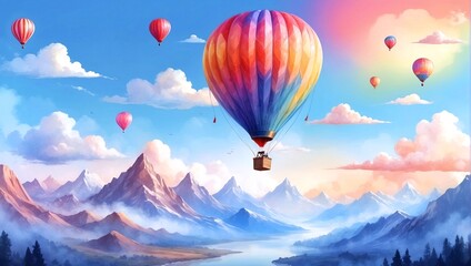 Fototapeta premium Hot Air Balloon Ride in blue sky white clouds background for wide banner of travel agency or adventure tour. Romance of ballooning in a good weather. Hot air balloons flies in blue sky. Copy space