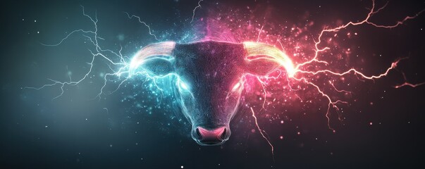 A striking digital illustration of a bull's head with vibrant electric colors, symbolizing strength and power.