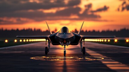 Fototapeta premium A dramatic sunset scene with a futuristic fighter jet silhouetted against the sky, preparing for battle.