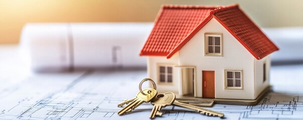 A model house with keys on blueprints symbolizes the journey to homeownership and real estate opportunities.