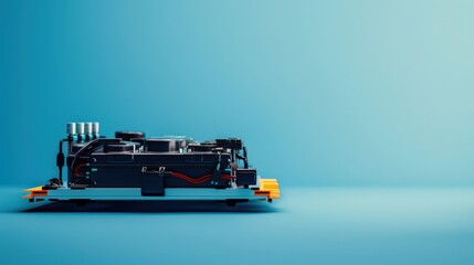 A small, orange and black robot is sitting on a blue surface
