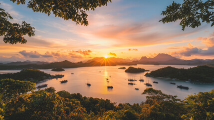 Tropical dusk in Asia, Labuan Bajo, where lush foliage elegantly frames the harbor, as the vibrant colors of the sunset paint the sky, creating a serene and picturesque tropical sc
