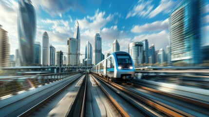 Obraz premium A train is traveling down a track in a city