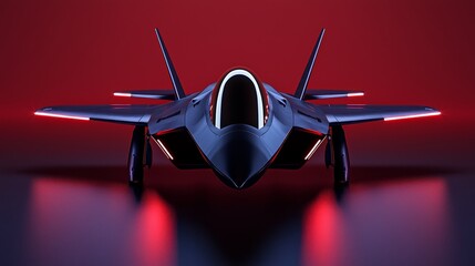 A minimalist design featuring a sleek, angular silhouette of a futuristic fighter jet on a gradient background.