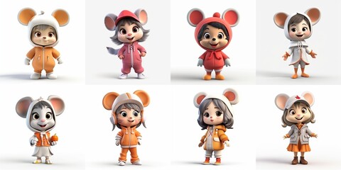 Obraz premium Adorable Cartoon Characters in Animal Costumes - Cute Children in Mouse Outfits Illustration