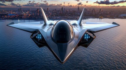A realistic photo of a futuristic fighter jet hovering over an ocean, with reflections shimmering in the water.