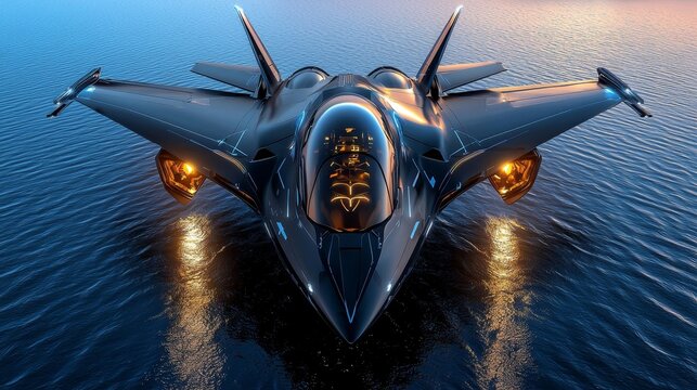 A realistic photo of a futuristic fighter jet hovering over an ocean, with reflections shimmering in the water.