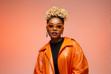 Fototapeta premium A woman in an orange jacket and sunglasses