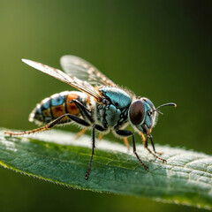 Fototapeta premium Camera zooms in on a fly sitting on the surface
