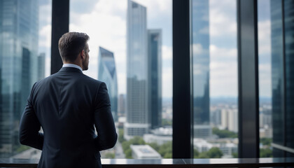 A businessman with a background of skyscrapers