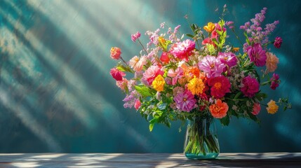 Colorful Bouquet in Sunlight with Teal Background