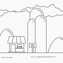 illustration of a bakery in the middle of the desert coloring book
