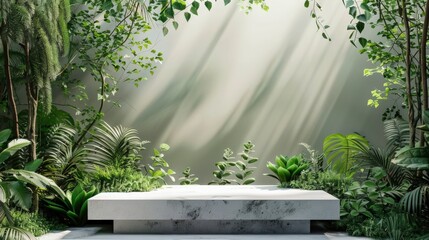 A white bench sits in front of a lush green wall