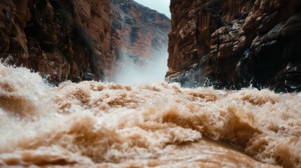 Thrilling Rapids in a Rugged Canyon with Powerful Water Flow and Misty Atmosphere