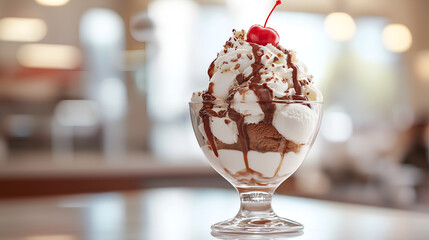 Classic Ice Cream Sundae with Whipped Cream and Cherry