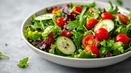 Fresh Mixed Green Salad with Cherry Tomatoes and Cucumbers