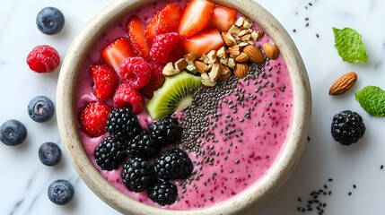 Vibrant Berry Smoothie Bowl with A colorful and nutritious smoothie bowl filled with a blend of fresh berries, topped with sliced strawberries, raspberries, blackberries, kiwi, almonds, and chia seeds