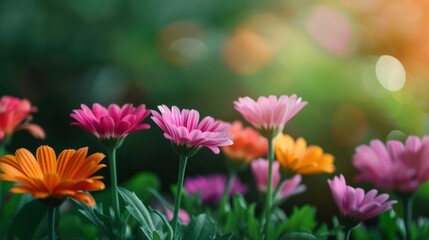 Obraz premium Vibrant Close-Up of Colorful Daisies in Bloom with a Soft Focus Background in a Sunlit Garden