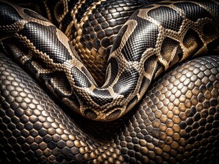 Obraz premium Snake skin texture visual depth hyperrealistic close-up detailed intricate patterns high contrast black and white metallic sheen luxurious dark mysterious ancient mysticism eerie serpentine curvaceous