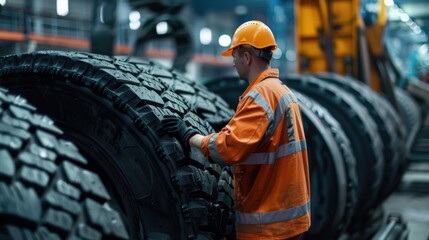 A man in an orange jacket is working on a tire