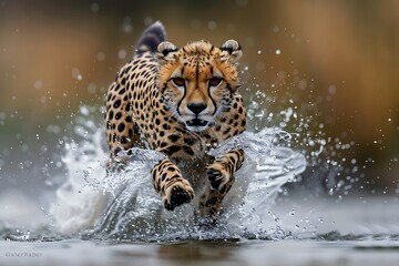 A dynamic close-up of a cheetah sprinting through water, showcasing its agility and speed in a natural environment. 