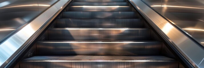 Metal escalator steps with space for text, featuring a close-up of the moving metal treads, showcasing staircase steps and a single step in motion.