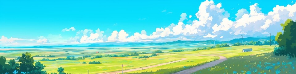 Obraz premium Enchanting Anime-Style Rice Farm: Whimsical Spring Harvest Scene with Winding Path. Dreamy 4K Wallpaper for Children's Books and Creative Marketing. Soft Pastel Colors in High-Resolution Cartoon Illus