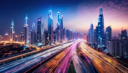 Fototapeta premium Dubai Skyline Night View with Illuminated Street, futuristic skyscrapers glowing in the night