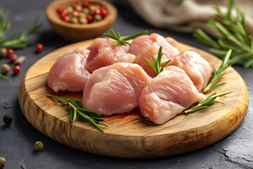 Raw chicken meat cutting on a wooden board commercial advertising photo