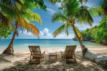 Serene Caribbean beach scene with palm trees and chairs under clear blue sky, ideal for relaxation and rest, captured in 3D render style.