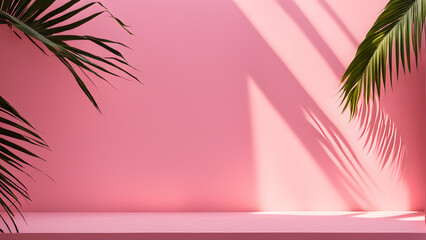 A pink wall with a green palm tree on it