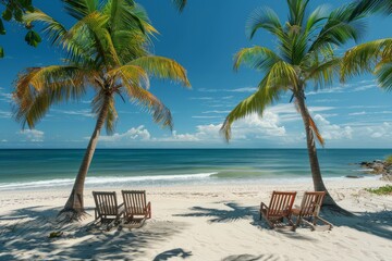 Serene Caribbean beach scene with palm trees and chairs under clear blue sky, ideal for relaxation and rest, captured in 3D render style.