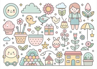 Fototapeta premium Soft Whimsical Iconic Prevention Illustrations for a Playful Mood with Pastel Color Palette and Hand-Drawn Technical Style